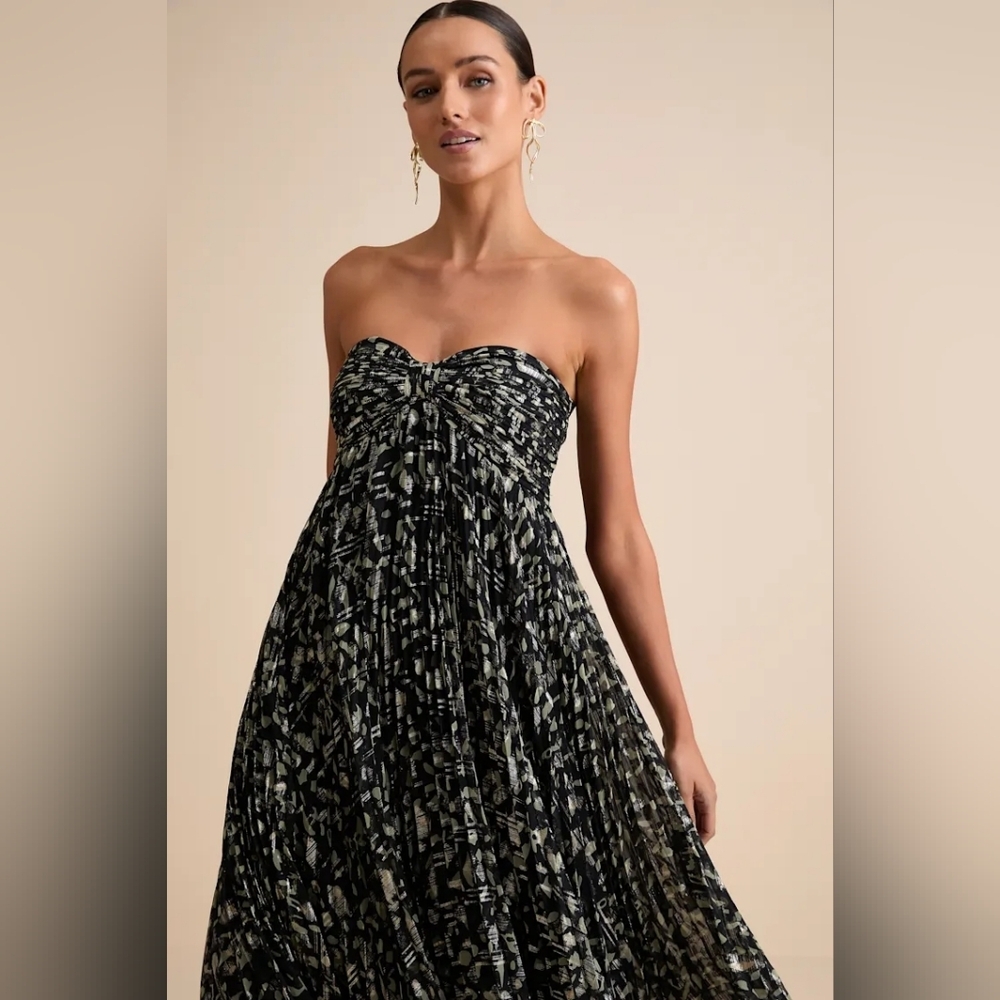 Lulus Lynwen Black Abstract Pleated Strapless Maxi Dress L Wedding Party Formal - Picture 3 of 10